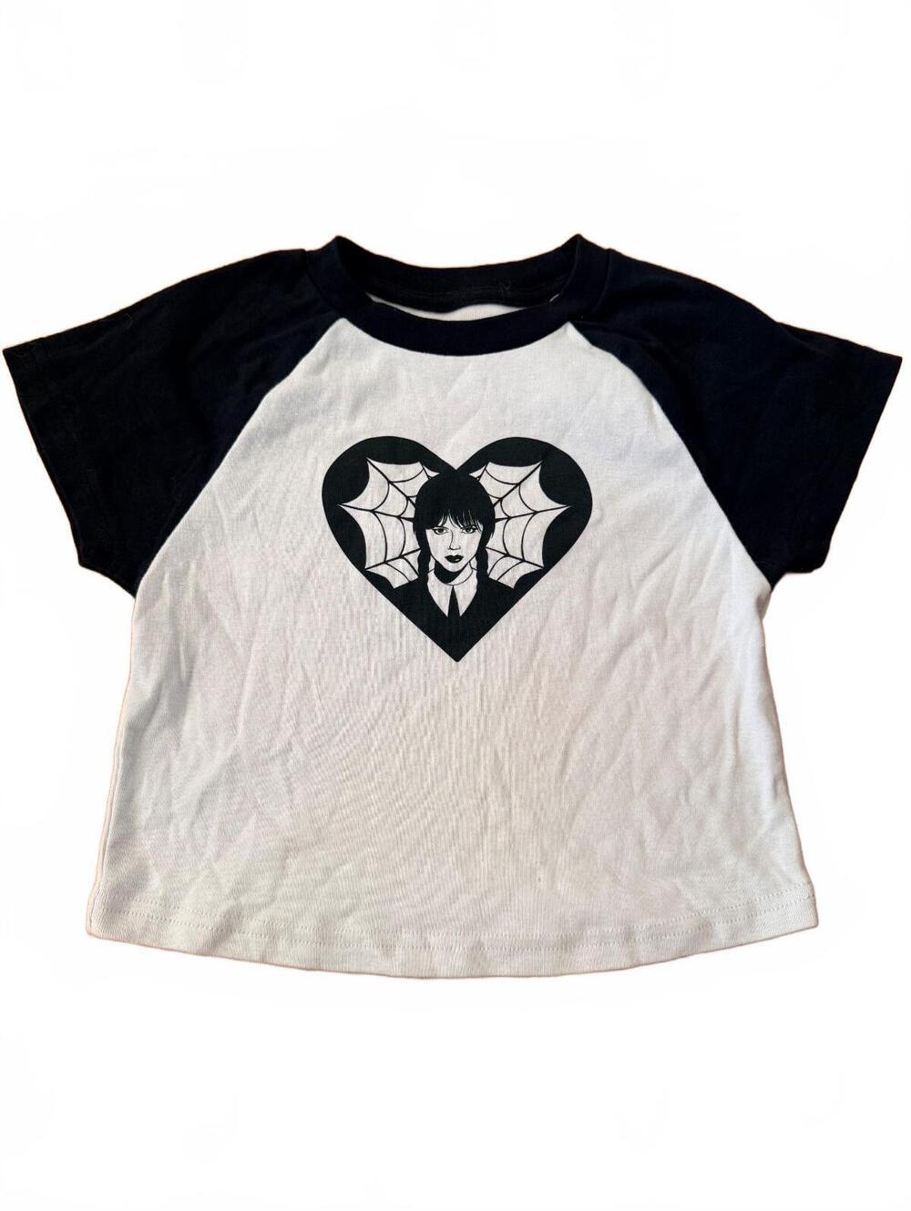 Wednesday Black and White Raglan Tee with Gothic Heart Graphic size M